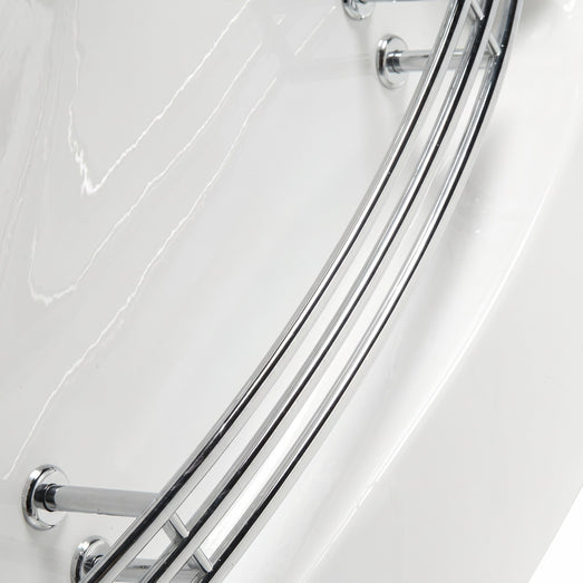 Chrome curved grab rail mounted on the white Mesa BT-084 tub rim