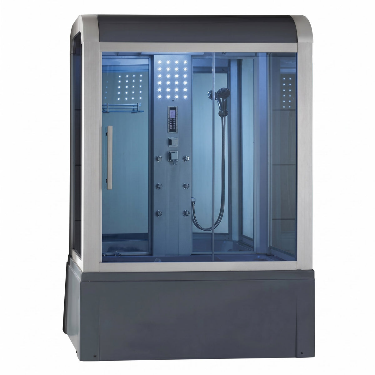 Mesa WS-501 Yukon steam shower tub combo with gray base and lit blue interior