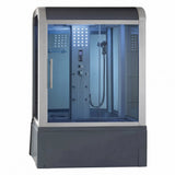 Mesa WS-501 Yukon steam shower tub combo with gray base and lit blue interior
