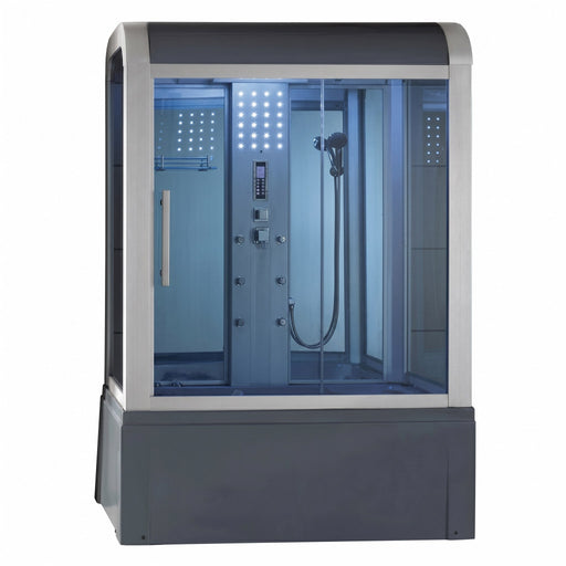 Mesa WS-501 Yukon steam shower tub combo with gray base and lit blue interior