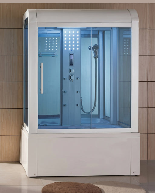 Mesa WS-501 Yukon steam shower tub combo in white finish against a wood-paneled wall