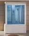 Mesa WS-501 Yukon steam shower tub combo in white finish against a wood-paneled wall
