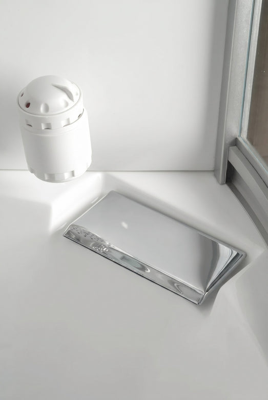 Mesa WS-609A corner storage tray and dispenser inside white shower wall