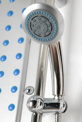 Mesa WS-609A chrome handheld showerhead beside blue massage jets