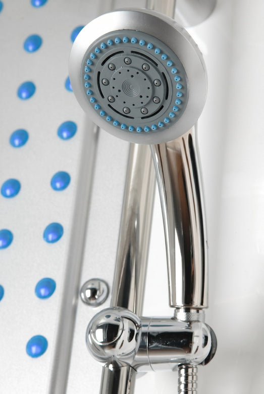 Mesa WS-609A chrome handheld showerhead beside blue massage jets