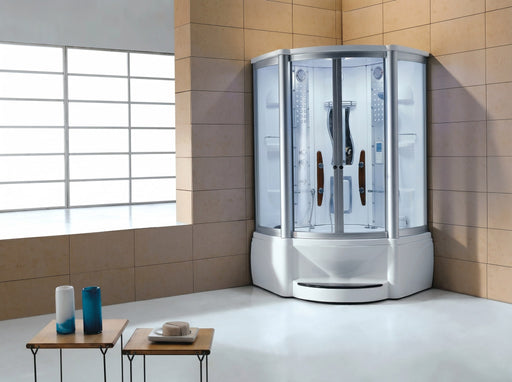 Mesa WS-609A steam shower staged in a tiled bathroom corner setting