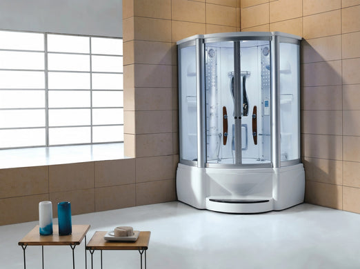 Mesa WS-609A steam shower staged in a tiled bathroom corner setting