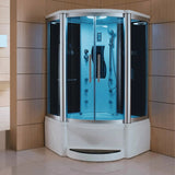 Mesa WS-609P steam shower blue-lit in a wood-paneled bathroom corner