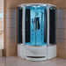 Mesa WS-609P steam shower blue-lit in a wood-paneled bathroom corner