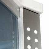 Detail of the Mesa WS-701A steam shower stainless frame and vented panel corner