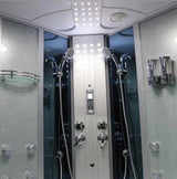 Interior of Mesa WS-701A steam shower showing digital control panel and dual handshowers