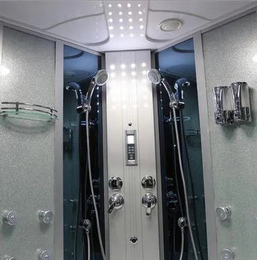Interior of Mesa WS-701A steam shower showing digital control panel and dual handshowers