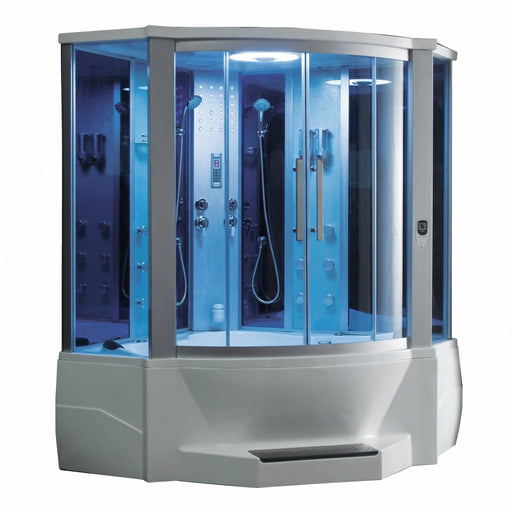 Mesa WS-701A corner steam shower and tub combo with blue glass, full front view