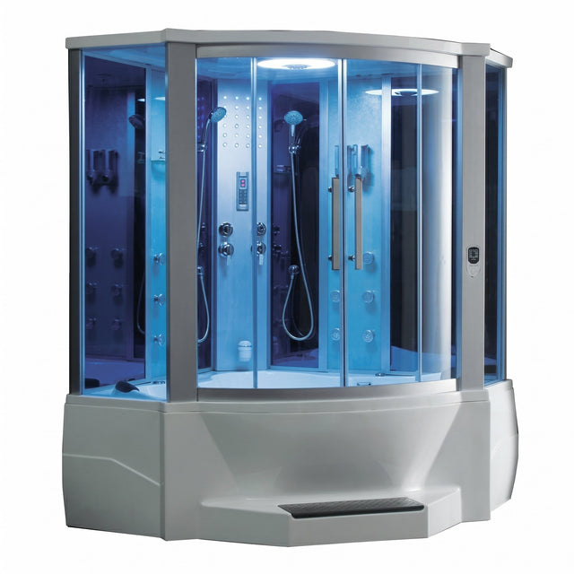 Mesa WS-701A corner steam shower and tub combo with blue glass, full front view