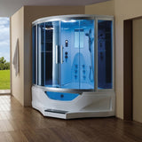 Mesa WS-702A steam shower tub combo lit blue in a bathroom beside a wood floor