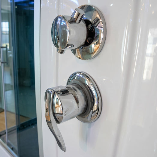 Mesa WS-702A steam shower close-up of two chrome diverter and mixer control knobs