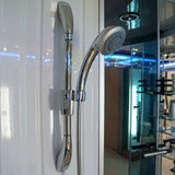 Mesa WS-702A steam shower handheld sprayer and grab bar on the white wall panel