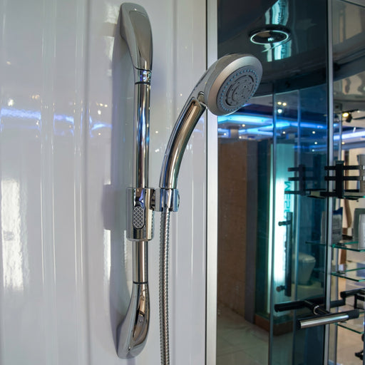 Mesa WS-702A steam shower handheld sprayer and grab bar on the white wall panel