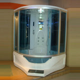 Mesa WS-702A steam shower tub combo angled showroom view of the corner glass unit