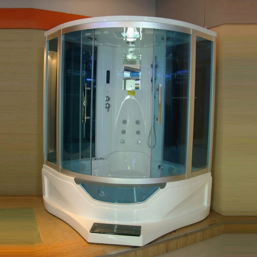Mesa WS-702A steam shower tub combo angled showroom view of the corner glass unit