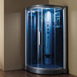 Mesa WS-801 steam shower lit with blue LED chromotherapy lighting and glass enclosure