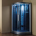 Mesa WS-801 steam shower lit with blue LED chromotherapy lighting and glass enclosure