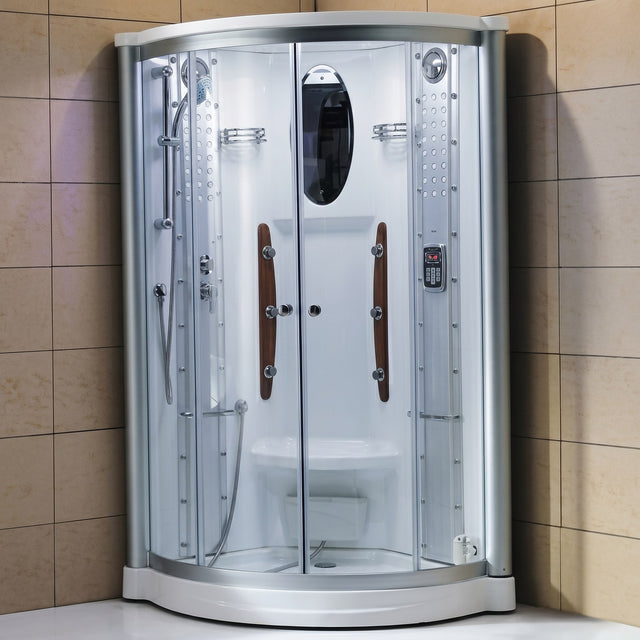 Mesa WS-801 blue glass corner steam shower with curved sliding glass doors