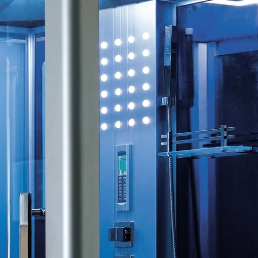 Interior of the Mesa WS-801 steam shower with LED chromotherapy lights and digital control panel