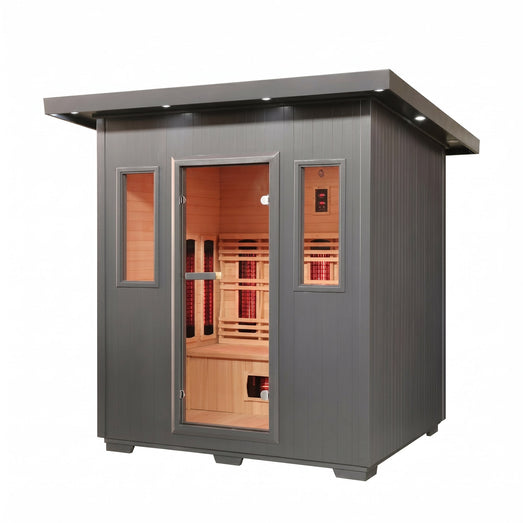 Pacific 400D6 gray outdoor infrared sauna angled three-quarter view