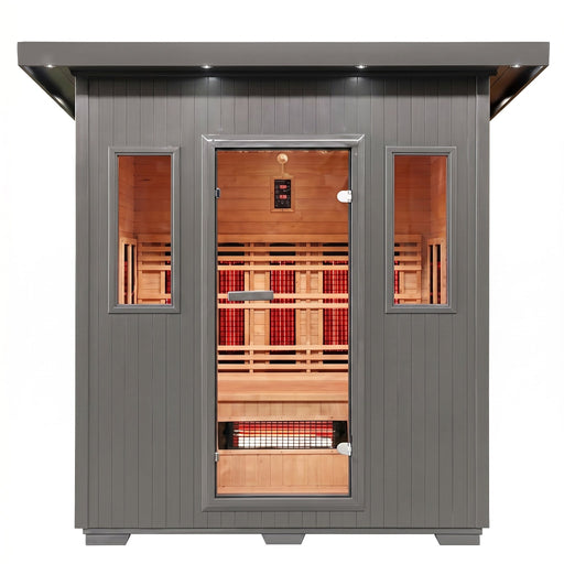 Pacific 400D6 outdoor infrared sauna front view with glowing heaters