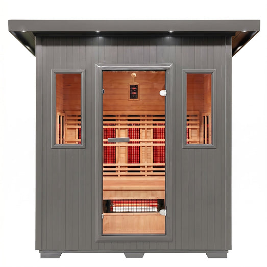 Pacific 400D6 outdoor infrared sauna front view with glowing heaters