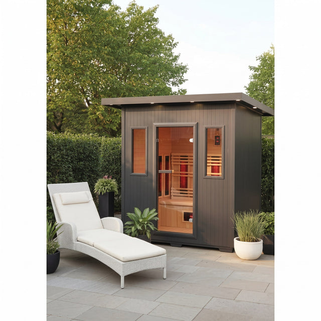 Pacific 400D6 four-person outdoor infrared sauna on a modern patio