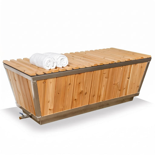 Dundalk Polar Cold Plunge Tub with cedar slat cover closed and rolled towels on top
