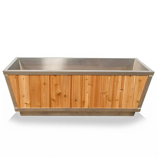 Front view of the Polar Cold Plunge Tub showing cedar panels and stainless steel basin