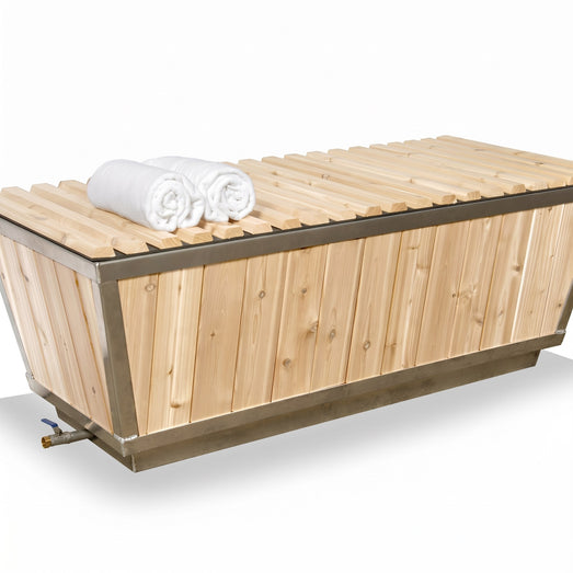 Polar Cold Plunge Tub in light cedar with slat cover and rolled towels on a white background