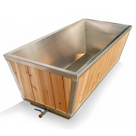 Polar Cold Plunge Tub angled view showing stainless steel interior basin and cedar exterior