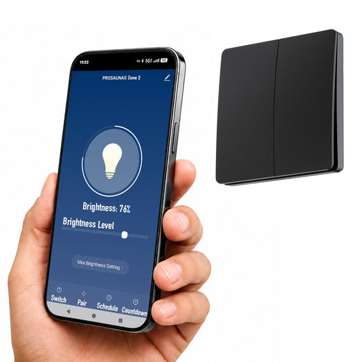 Tuya Smart app brightness screen on a phone beside the ProSaunas two-zone wireless control