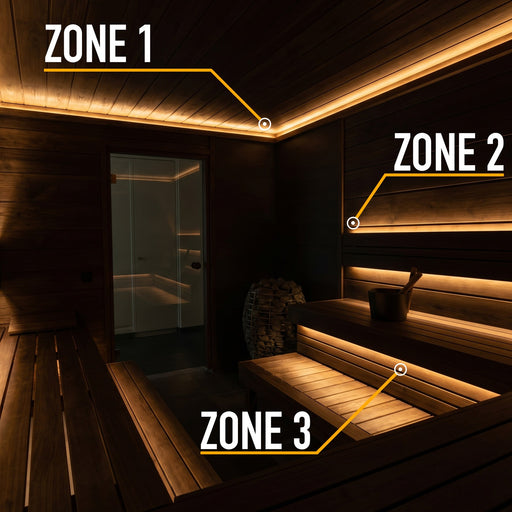 ProSaunas 3-Zone Dimmable White LED Sauna Light Kit with zones on the ceiling cove, backrest and bench of a dark sauna
