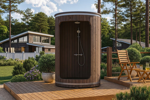 SaunaLife R3 outdoor barrel shower on a landscaped patio with garden chairs