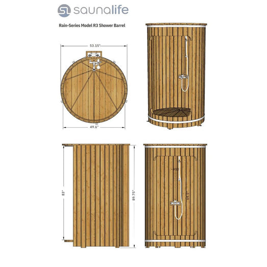 SaunaLife R3 Rain-Series shower barrel dimension diagram with measurements and views