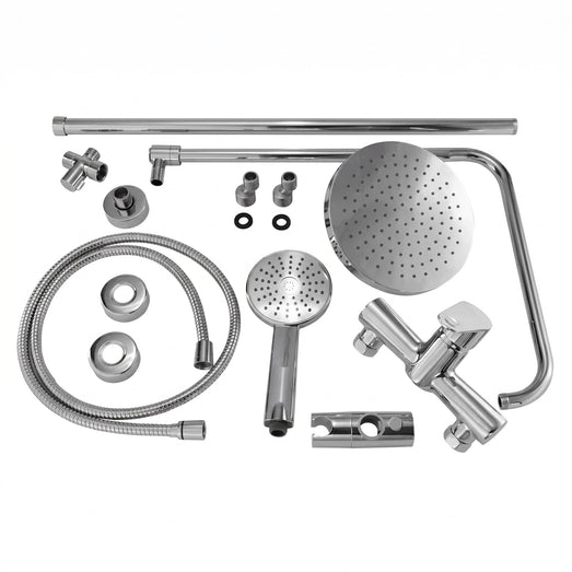 SaunaLife R3 barrel shower chrome fixture kit components laid out flat