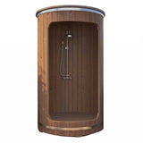 SaunaLife R3 outdoor barrel shower straight-on front view with rainfall fixture