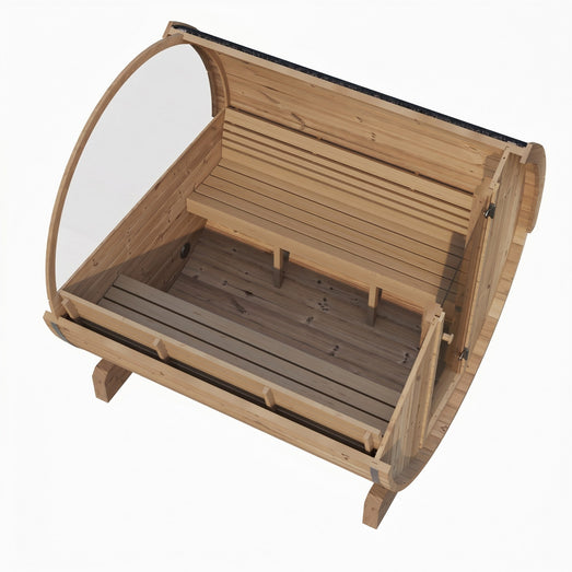 SaunaLife E6 sauna cutaway showing bench and floor layout from the left