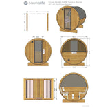 SaunaLife E6 Ergo-Series barrel sauna dimension spec sheet with measured views