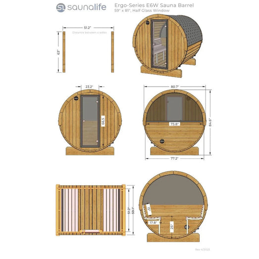 SaunaLife E6 Ergo-Series barrel sauna dimension spec sheet with measured views