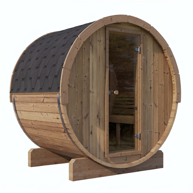 SaunaLife E6 outdoor barrel sauna exterior with glass door and shingled roof