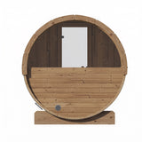 SaunaLife E6 barrel sauna straight-on front elevation with door and base
