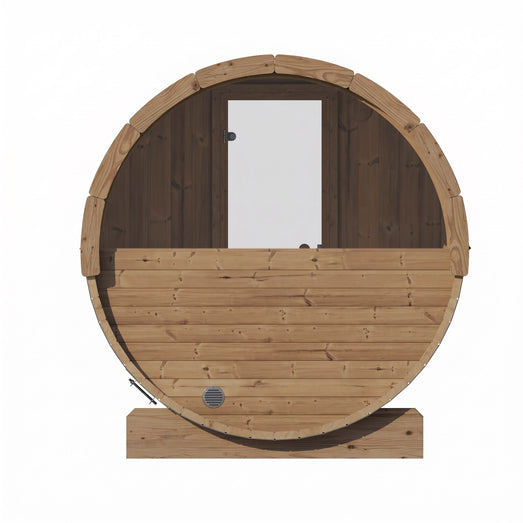 SaunaLife E6 barrel sauna straight-on front elevation with door and base