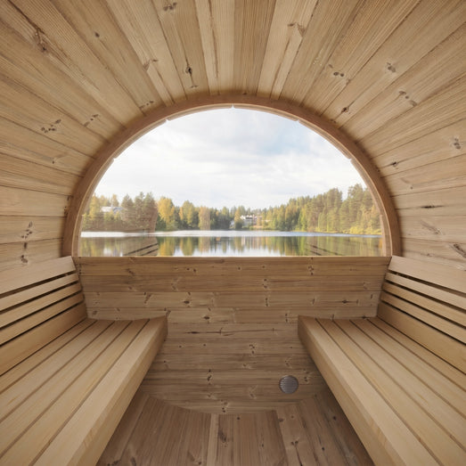 SaunaLife E6 sauna interior with panoramic rear window overlooking a lake