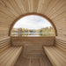 SaunaLife E6 sauna interior with panoramic rear window overlooking a lake